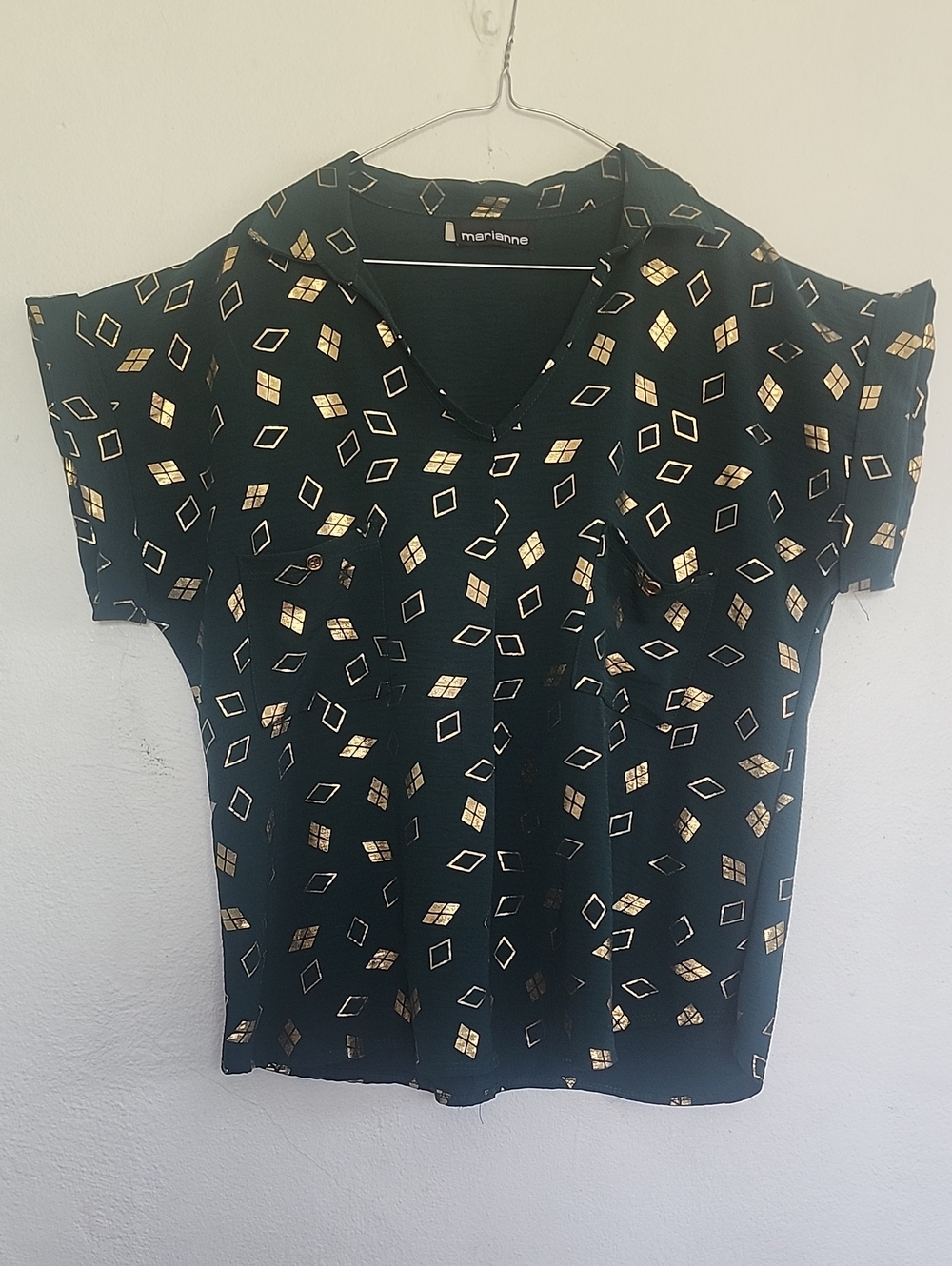 Marianne Forest Green Blouse with Gold Geometric Accents
